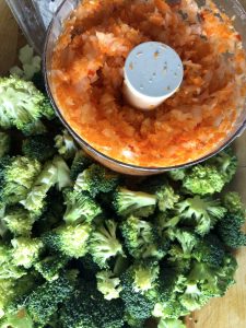 Broccoli, Carrot, Onion and Garlic in Food Processor