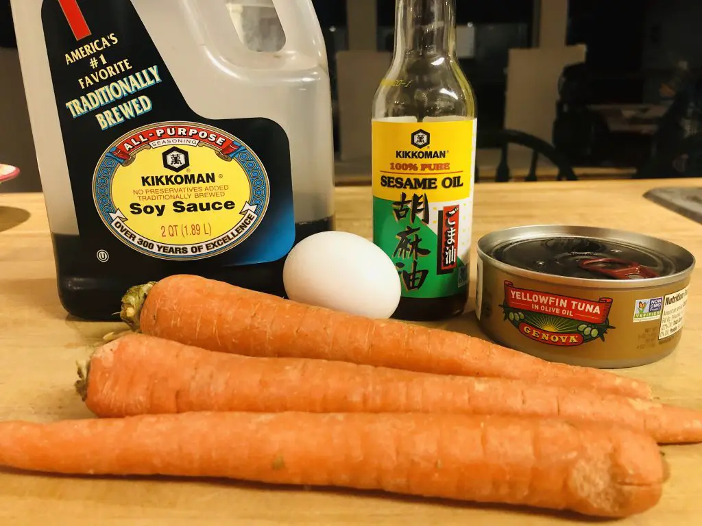 Carrots, soy sauce, egg, sesame oil, tuna 