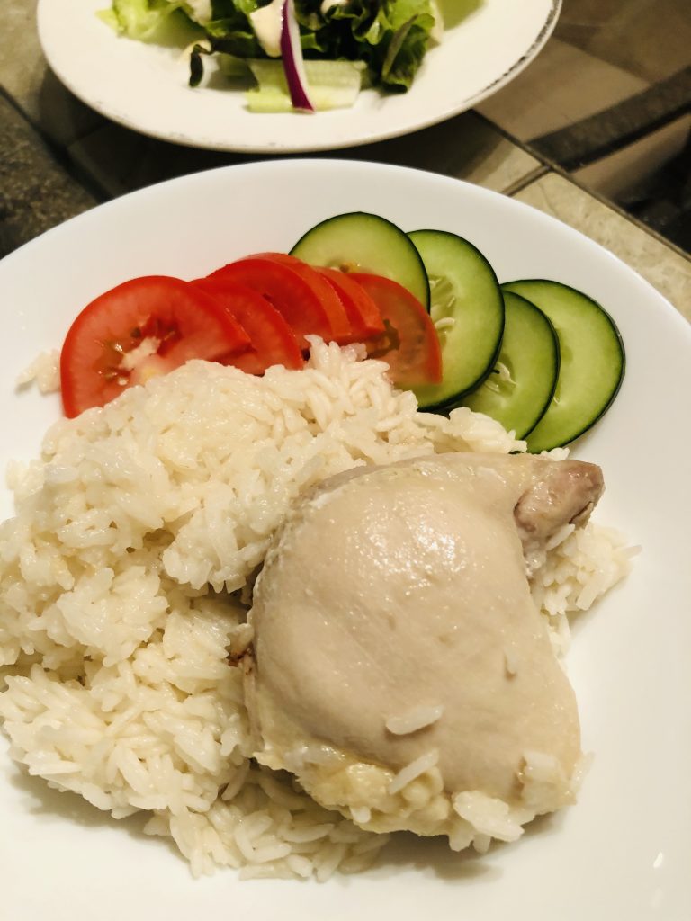Hainanese Chicken Rice with tomato and cucumber