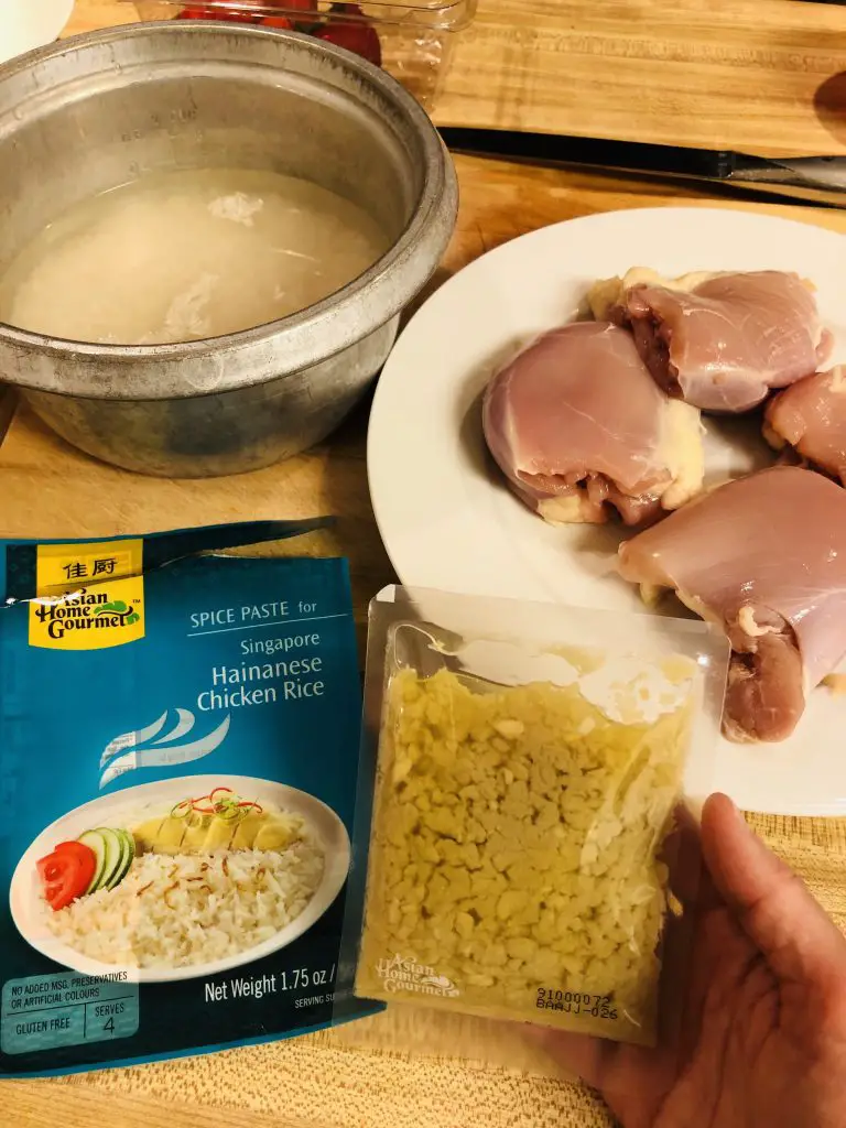 Asian Home Gourmet Hainanese Chicken Rice spice paste, chicken thighs, rice cooker and rice and water