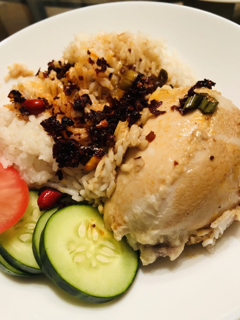 Hainanese Chicken Rice With Tomato, Cucumber, and Chili Oil