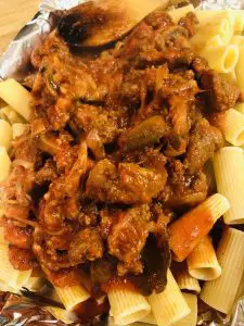 Rigatoni With Sausage in a baking dish