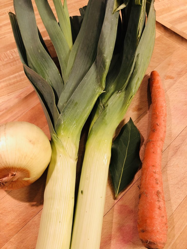 onion, leeks, bay leaf, and carrot