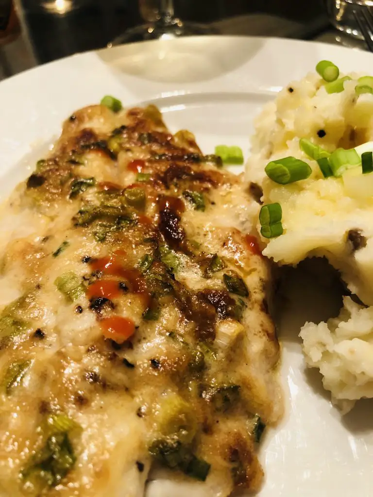 Catfish Allison and mashed potatoes with green onions