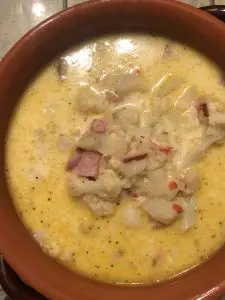 Creamy Cauliflower, Potato, and Cheesy Ham Chowder in a bowl