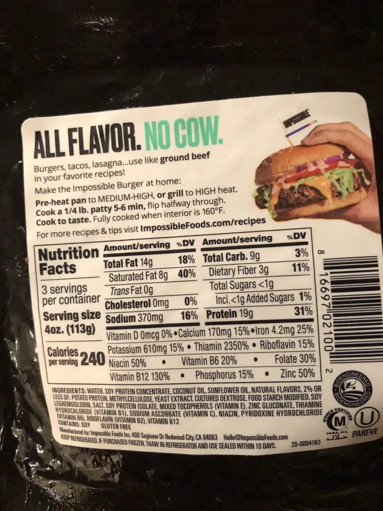 Impossible Burger back of the package 