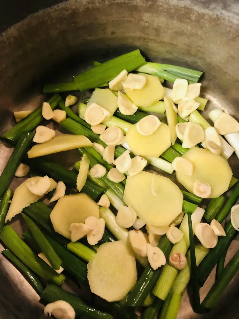 Chopped green onions, sliced garlic and sliced ginger at the bottom of a saucepan