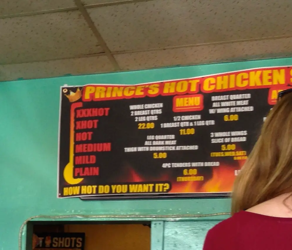 Menu at Prince's Hot Chicken Shack