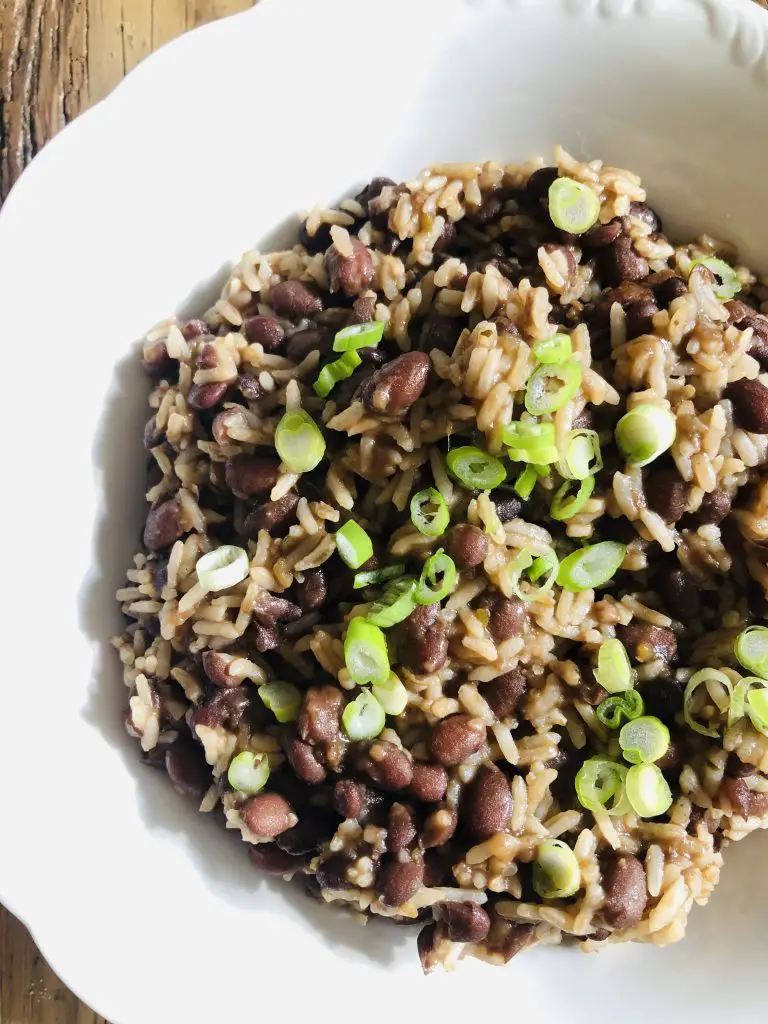 Cuban Black Beans and Rice in a white bowl
