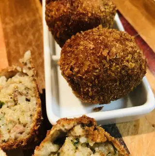 Boudin Balls on a white serving tray