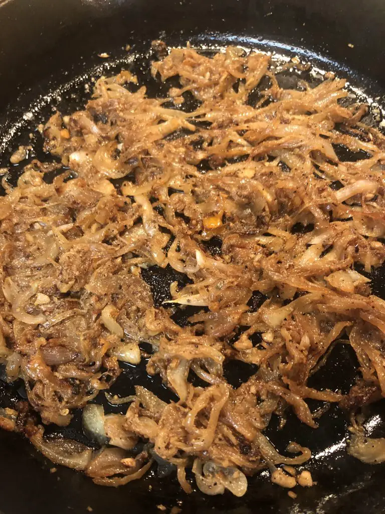 caramelized onions in a cast iron pan