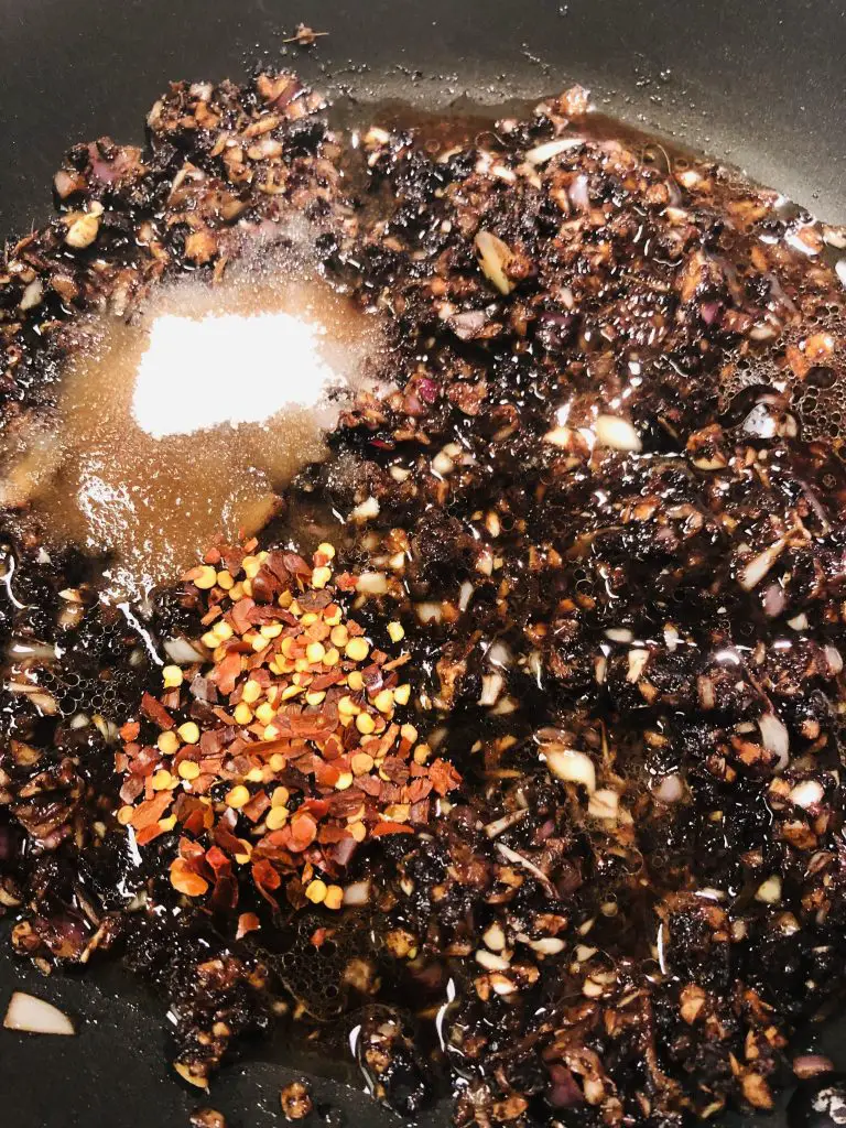 fermented black soybeans, ginger, garlic, and shallot with added chili flakes, sugar, Shaoxing rice wine and soy sauce 