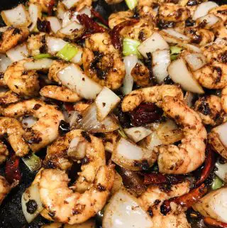 Shrimp With Black Bean Sauce in a cast iron skillet
