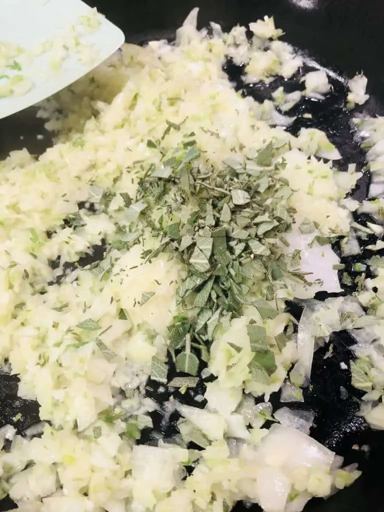minced garlic, celery, onion, thyme and sage cooked in butter until softened