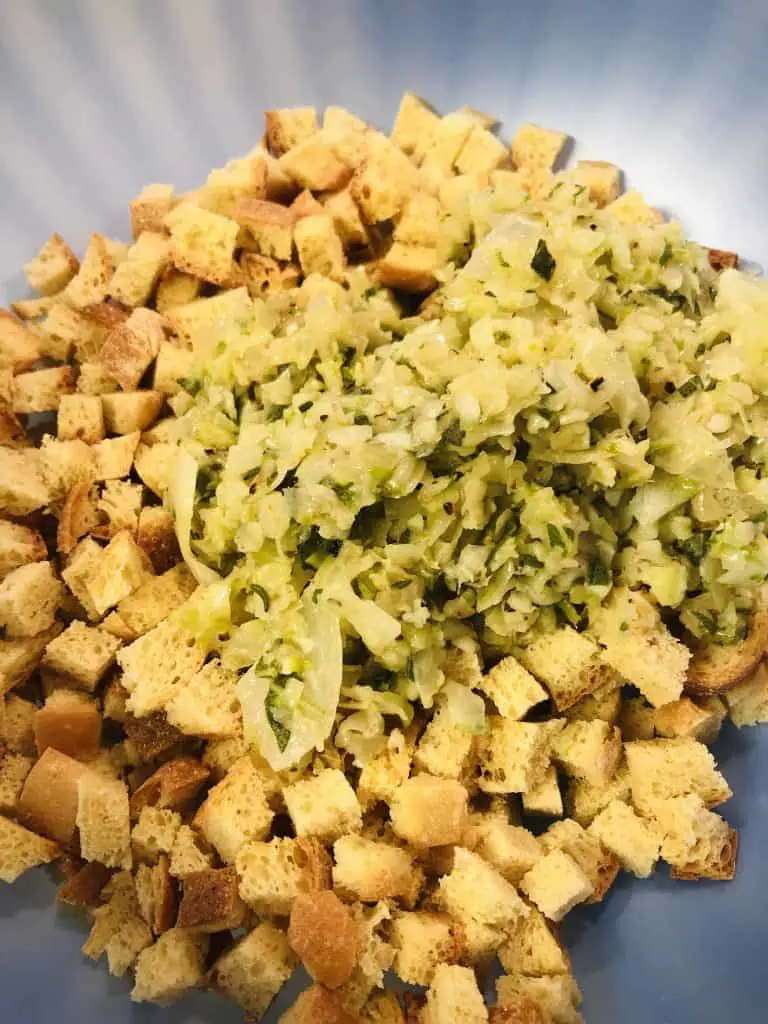 Sage and onion mixture combined with toasted bread cubes
