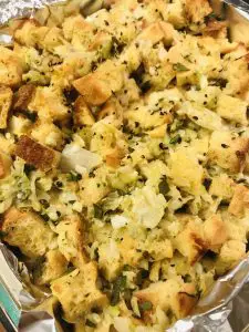 Sage and onion stuffing in an 8"x8" baking pan