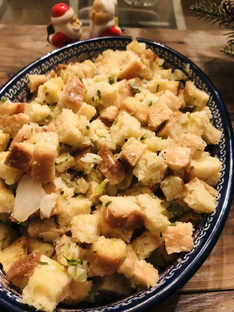 sage and onion stuffing in a serving dish
