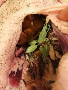 closeup of a cavity of a goose which has been stuffed with herbs, lemon, and onion