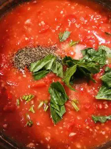 tomato sauce with salt, pepper, and torn basil leaves on the top