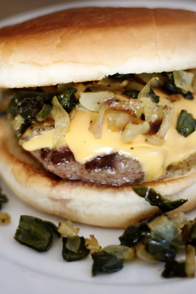 Green chile cheeseburger with diced onion and poblano peppers