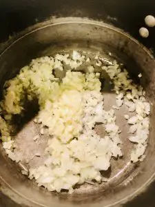 Stock pot with diced onions and garlic