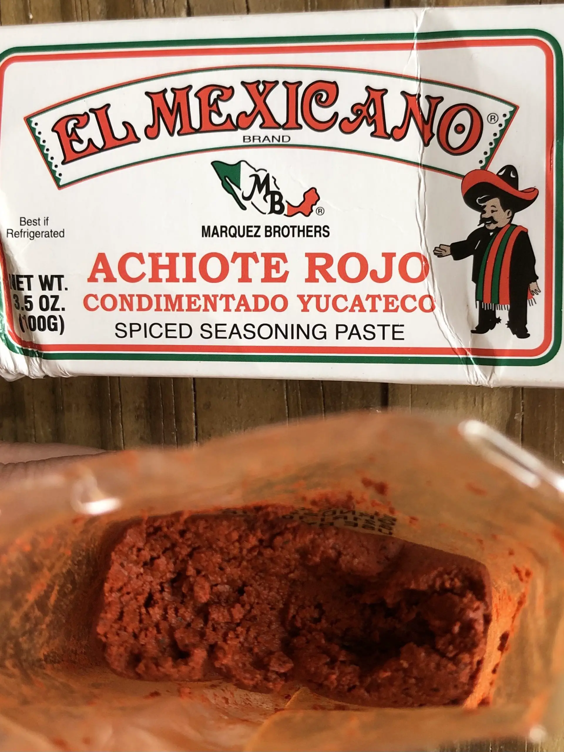 Achiote Rojo Paste El Mexicano Package and a view of the seasoning paste
