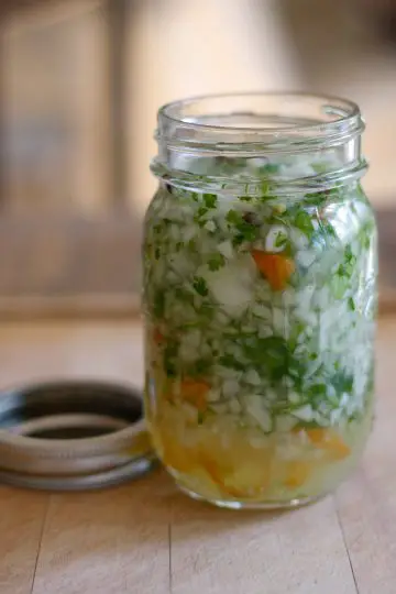 Minced onions, cilantro, vinegar, Scotch bonnets and allspice seeds in a mason jar with the lid next to it