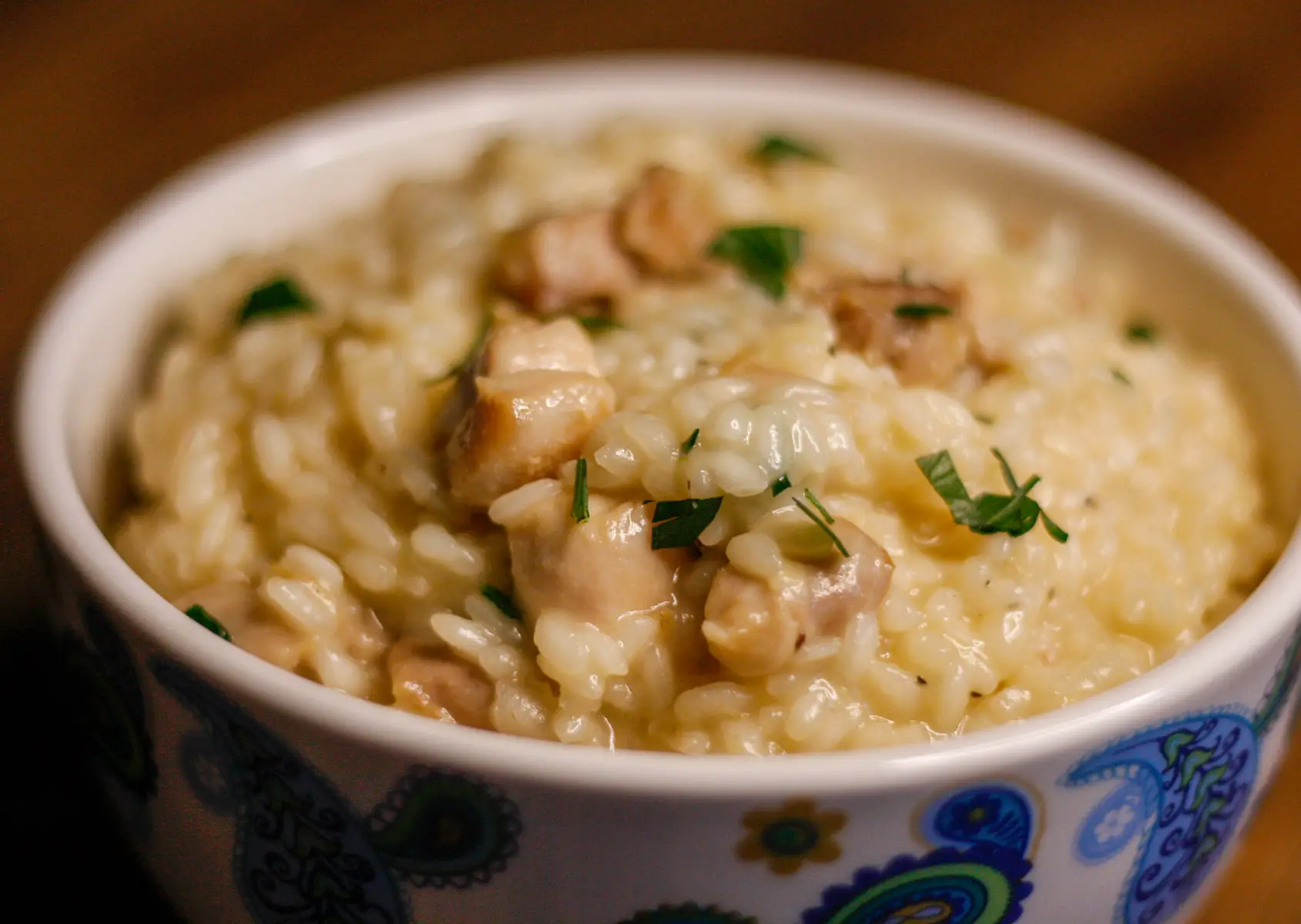 Chicken Risotto garnished with parsley in a bowl with paisley print