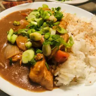 Vermont Curry With Chicken served with rice and garnished with green onions