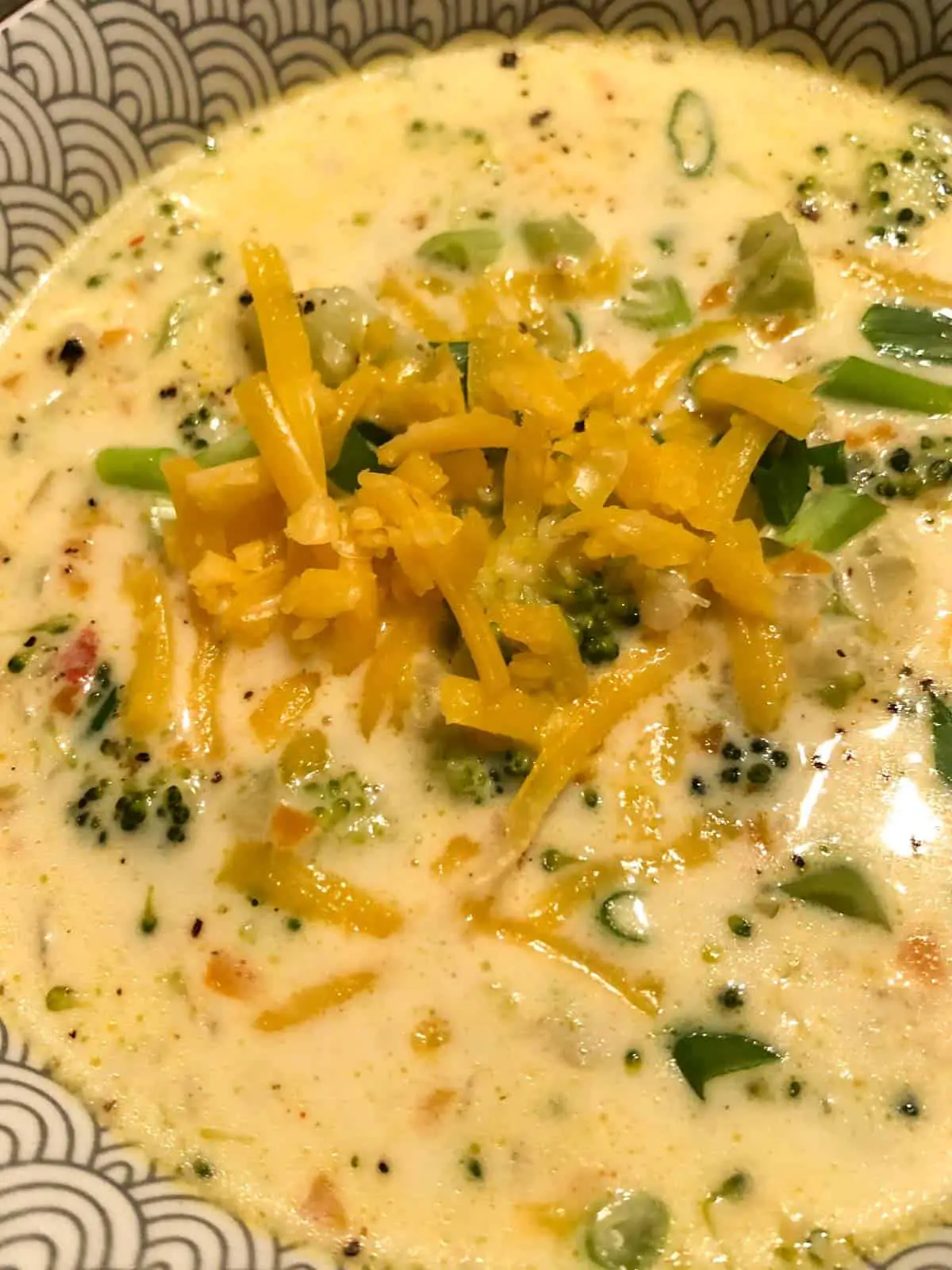 Broccoli and cheddar soup in a patterned bowl with green onions and shredded cheddar cheese as garnish.