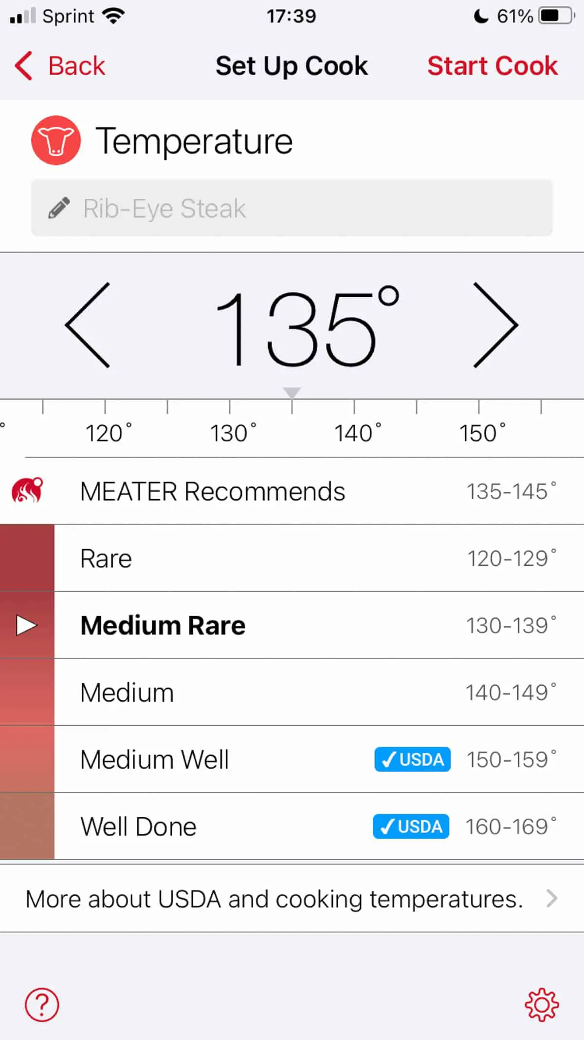 A panel showing a screenshot of the Meater thermometer app showing the Set Up Cook screen.
