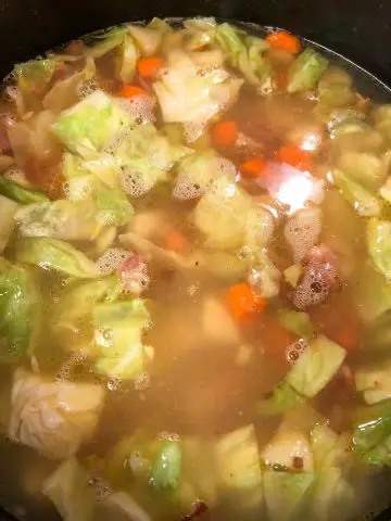A pot full of soup consisting of chicken broth, bacon, leeks, carrots, cabbage and potatoes.