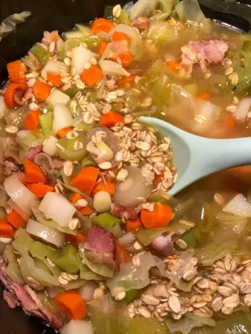 A pot full of soup consisting of chicken broth, bacon, leeks, carrots, cabbage, potatoes, and oats with a blue spoon containing some of the soup.