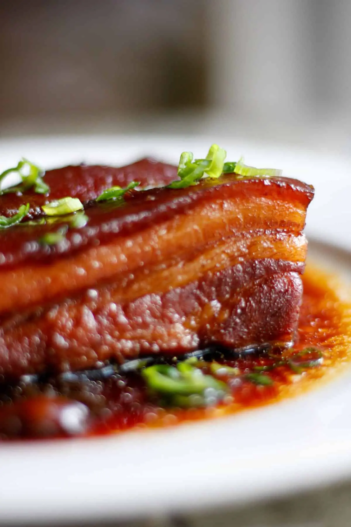 Braised pork belly that is reddish in color on a white dish atop braising sauce and garnished with green onions.