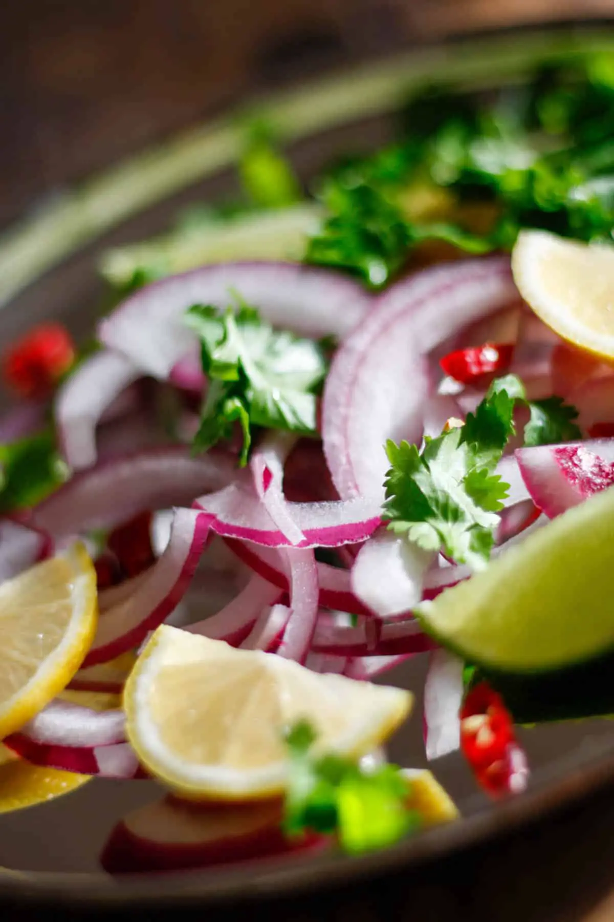 Sliced red onions, wedges of lime and lemons, sliced red chilies and cilantro on a silver plate.