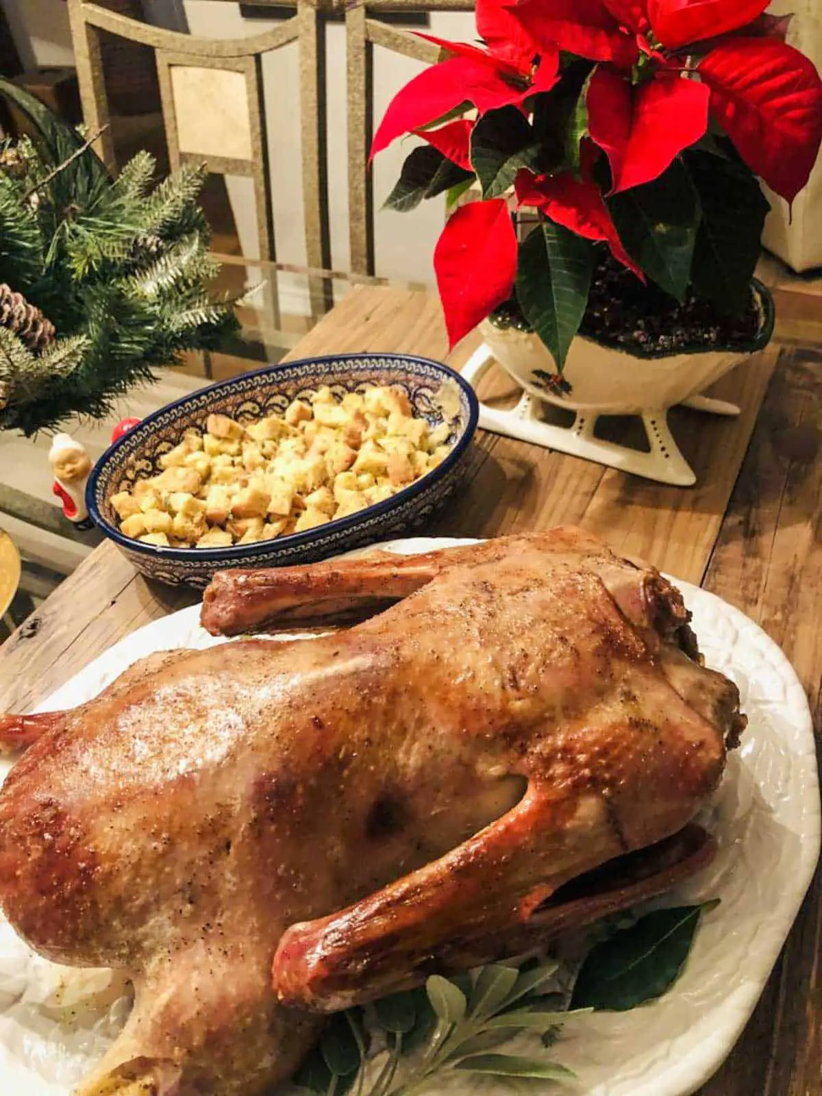 Roasted Goose on a white serving tray with sage and onion stuffing and a poinsettia in the background.