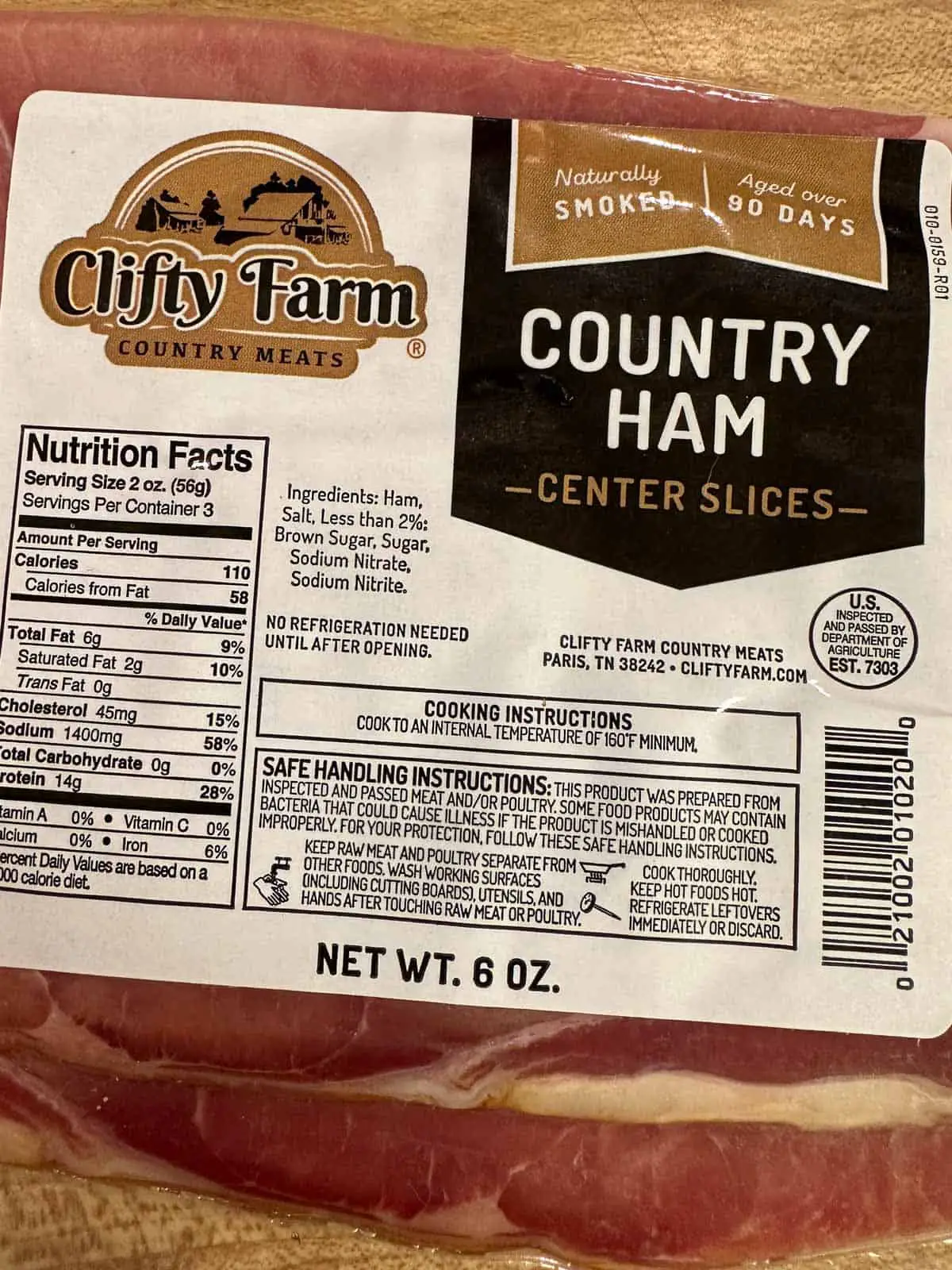 Package of Clifty Farm Country Ham.