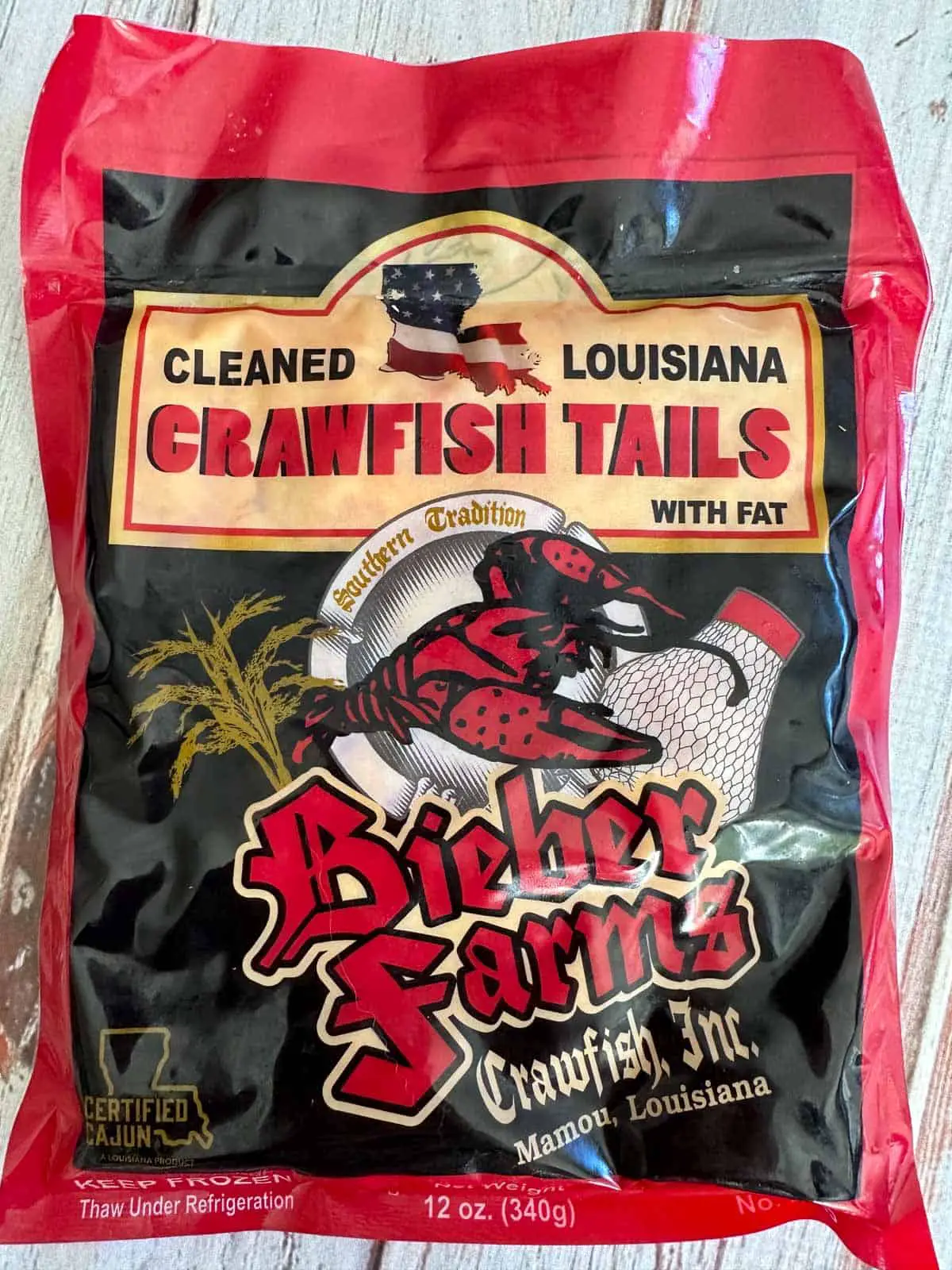 A package of cleaned Louisiana Crawfish Tails from Bieber Farms.