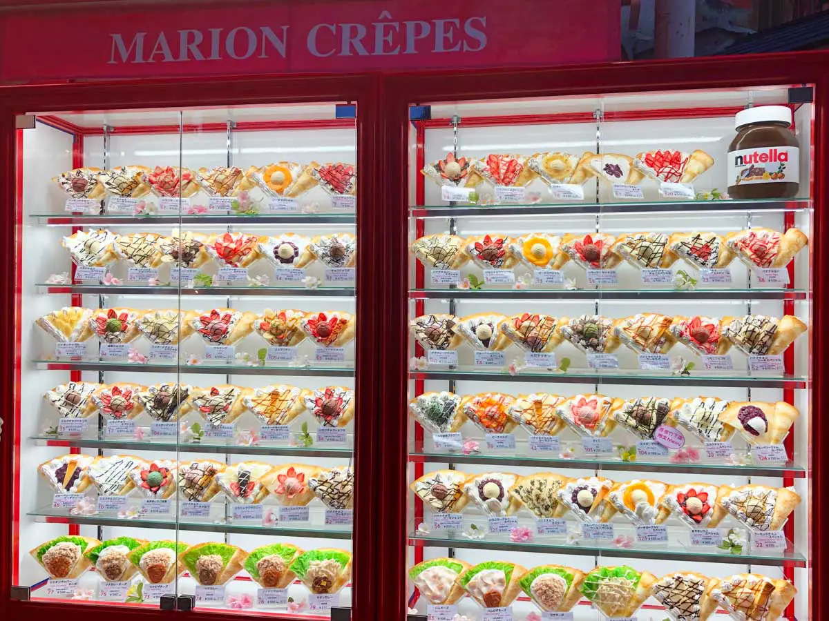 A variety of different crepes on display at Marion Crepes in Japan.