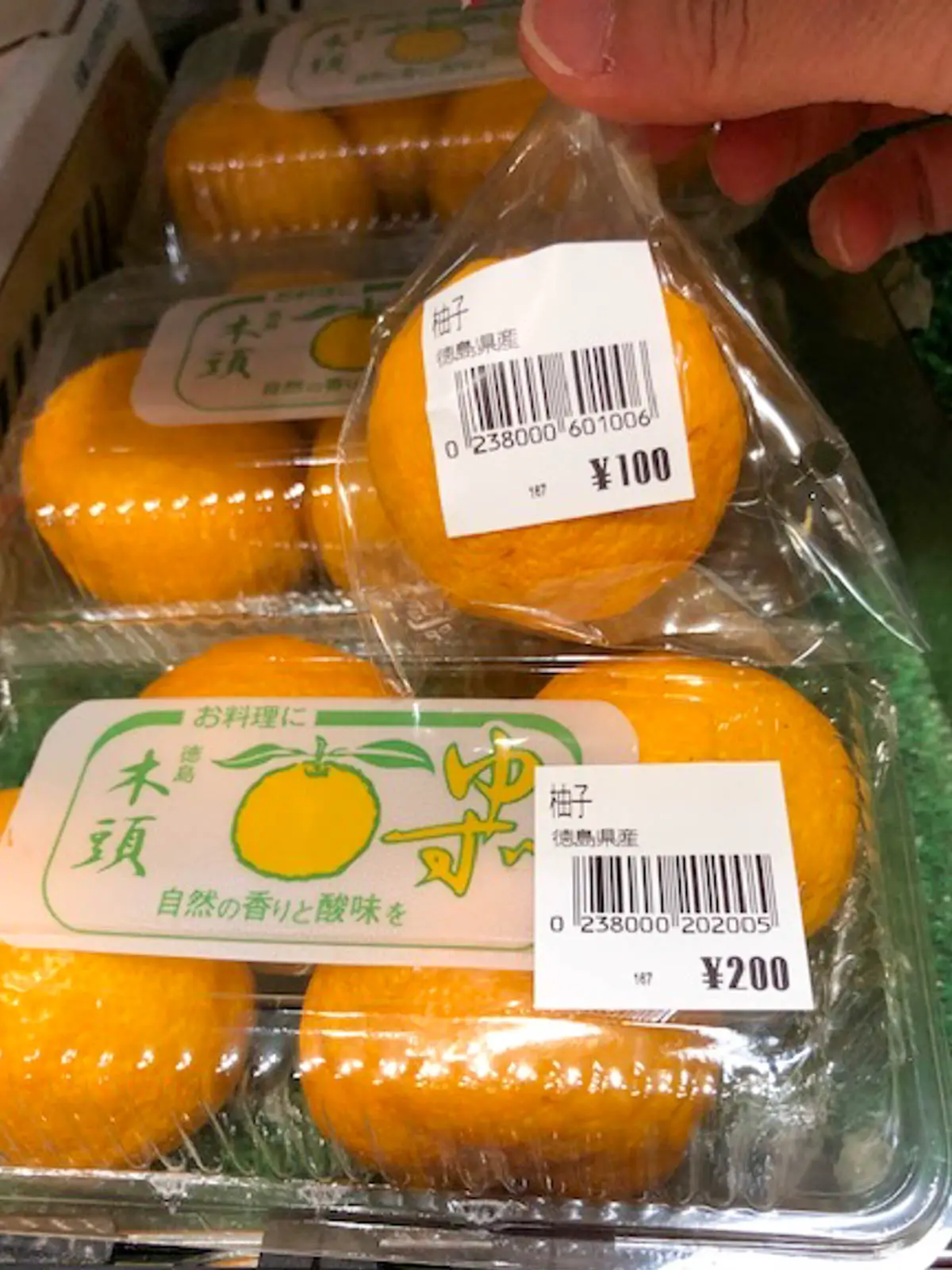 Yuzu (Japanese citrus) in plastic containers for sale, with price labels on them.