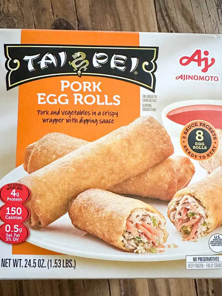 The front of a package of Taipei Pork Egg Rolls with a picture of the egg rolls, description of the product, and nutritional information.