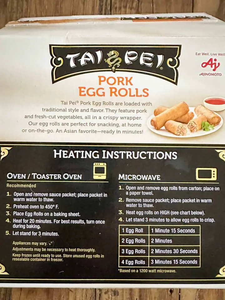 The back of a package of Taipei Pork Egg Rolls with a description of the product and heating instructions.