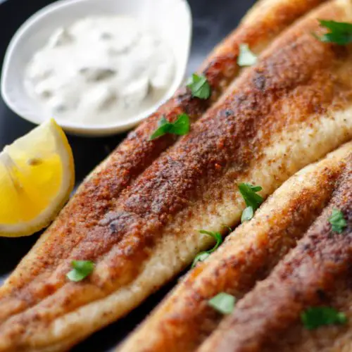 Pan fried rainbow trout fillets garnished with Italian parsley, a lemon wedge, and a small dish with tartar sauce.