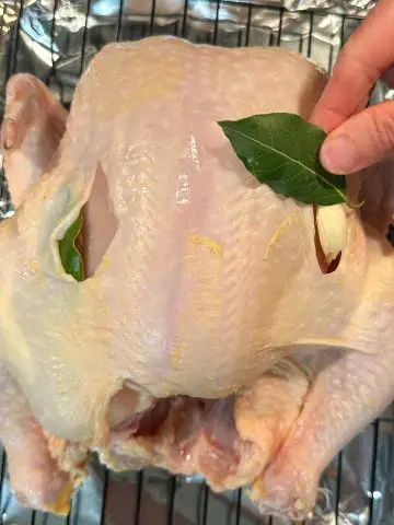 An uncooked whole chicken on a wire rack in a roasting tray lined with foil. There is a hand poised over the chicken holding a bay leaf and wholes were cut in the skin in which bay leaves and garlic were inserted.