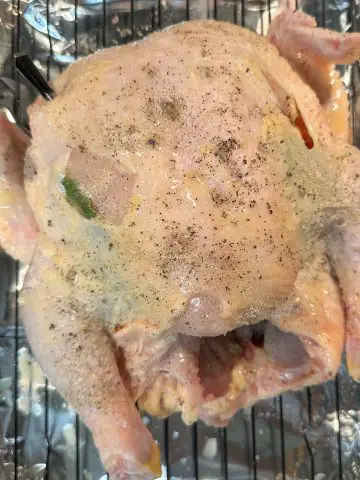 An uncooked whole chicken seasoned with salt and pepper on a wire rack in a roasting tray lined with foil. There is a MEATER thermometer inserted into the chicken and holes in the skin into which bay leaves and garlic have been inserted.