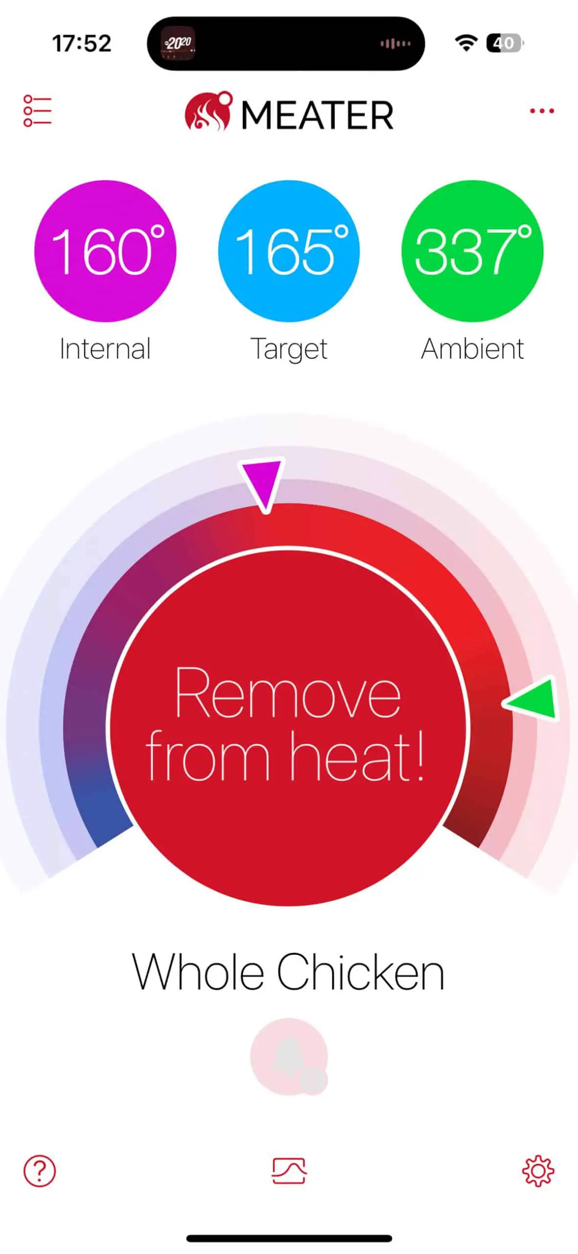A screenshot from the MEATER app with the message to remove from heat and the following temperatures: 160F internal, 165F target, and 337F ambient.