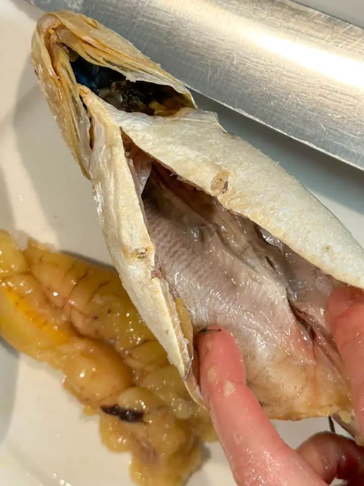 A corvina which has been cut open and is being held open to show the insides. The guts have been removed and are on the plate next to the opened fish and there is a knife next to the fish.