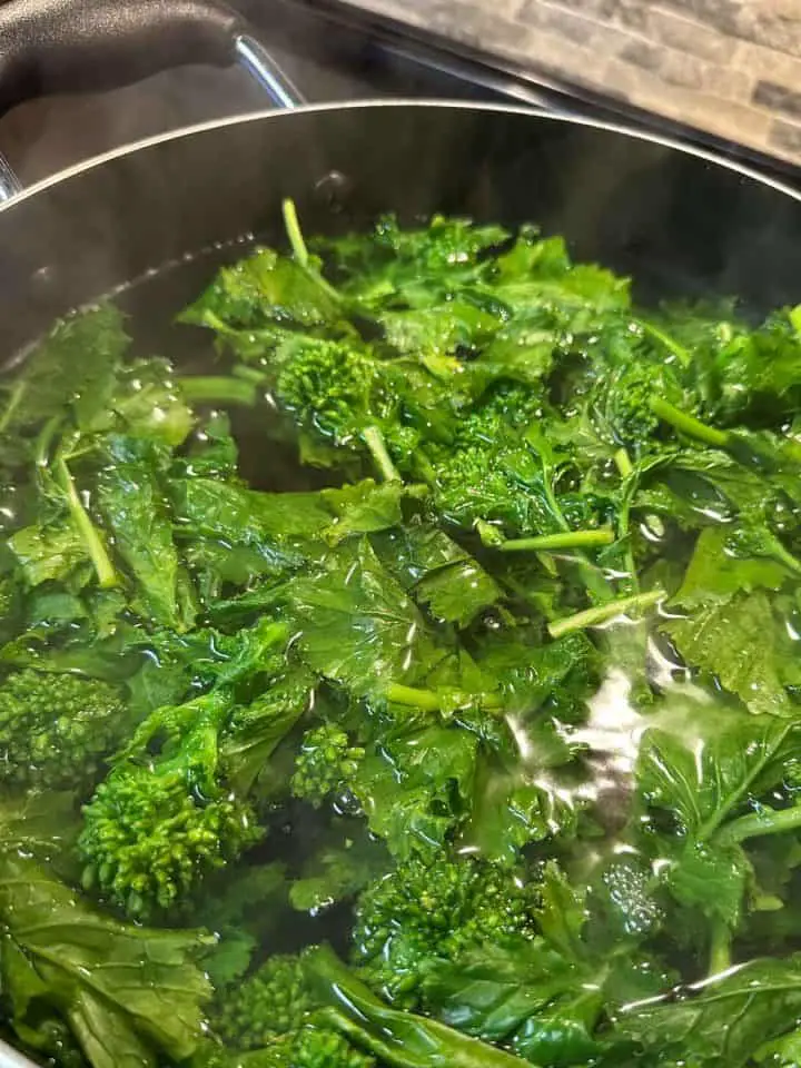 A bunch of rapini in water in a large saucepan which is being blanched.
