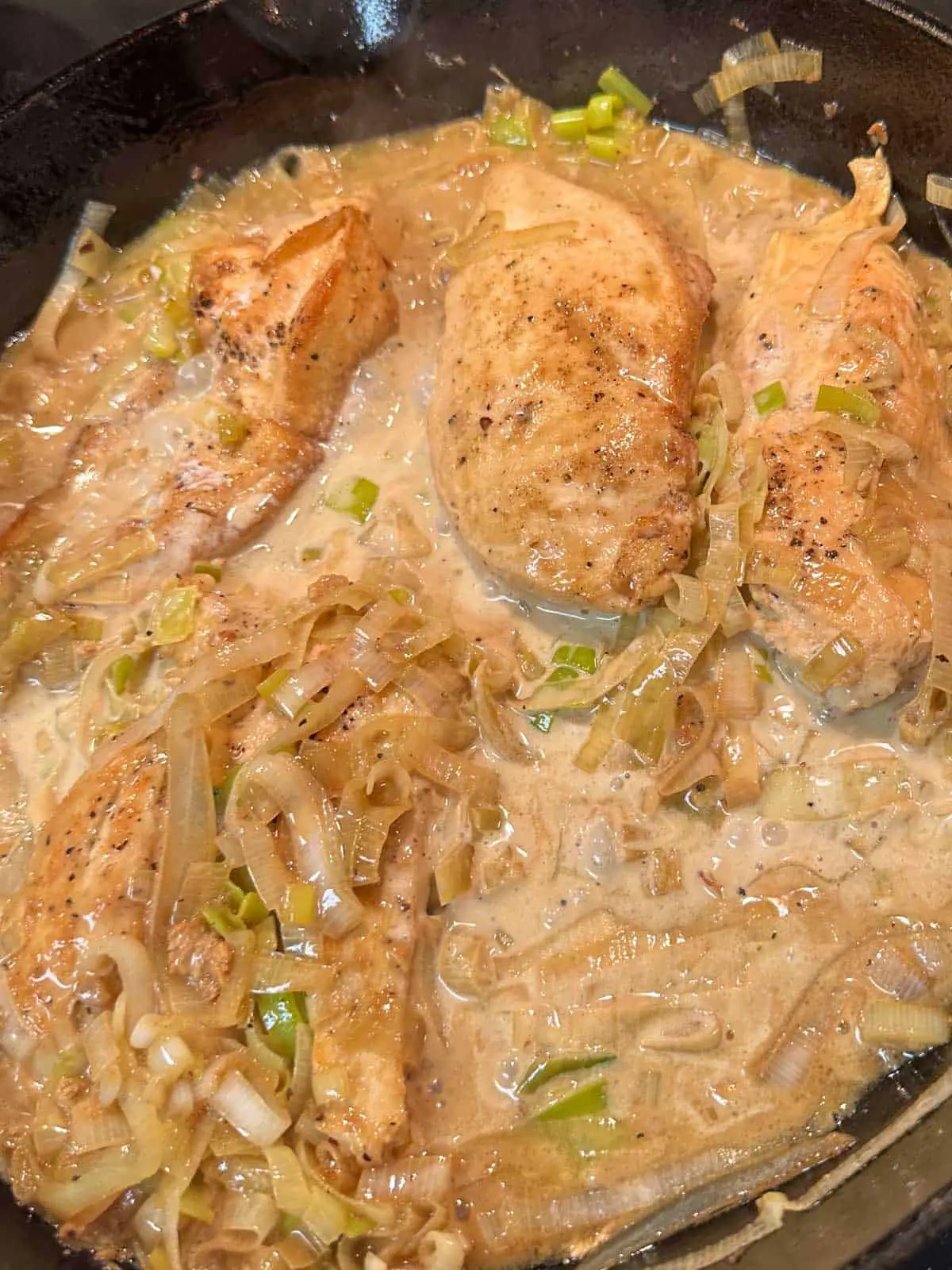 Chicken cooked with leeks in a cream sauce in a cast iron pan.