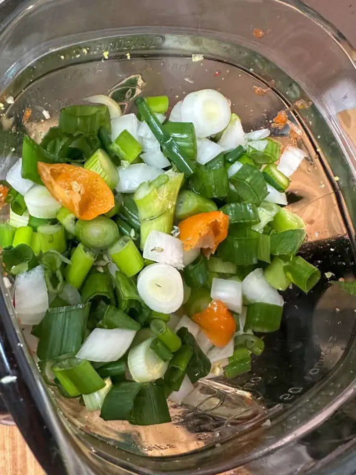 A blender containing sliced green onions, habanero peppers, and diced onions.